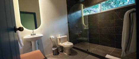 A modern bathroom with a glass-enclosed shower, a white sink, and a toilet.