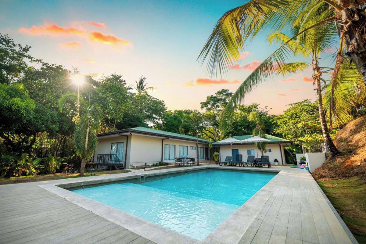 A pool area with a wooden deck, two buildings with green roofs, and surrounding tropical vegetation.