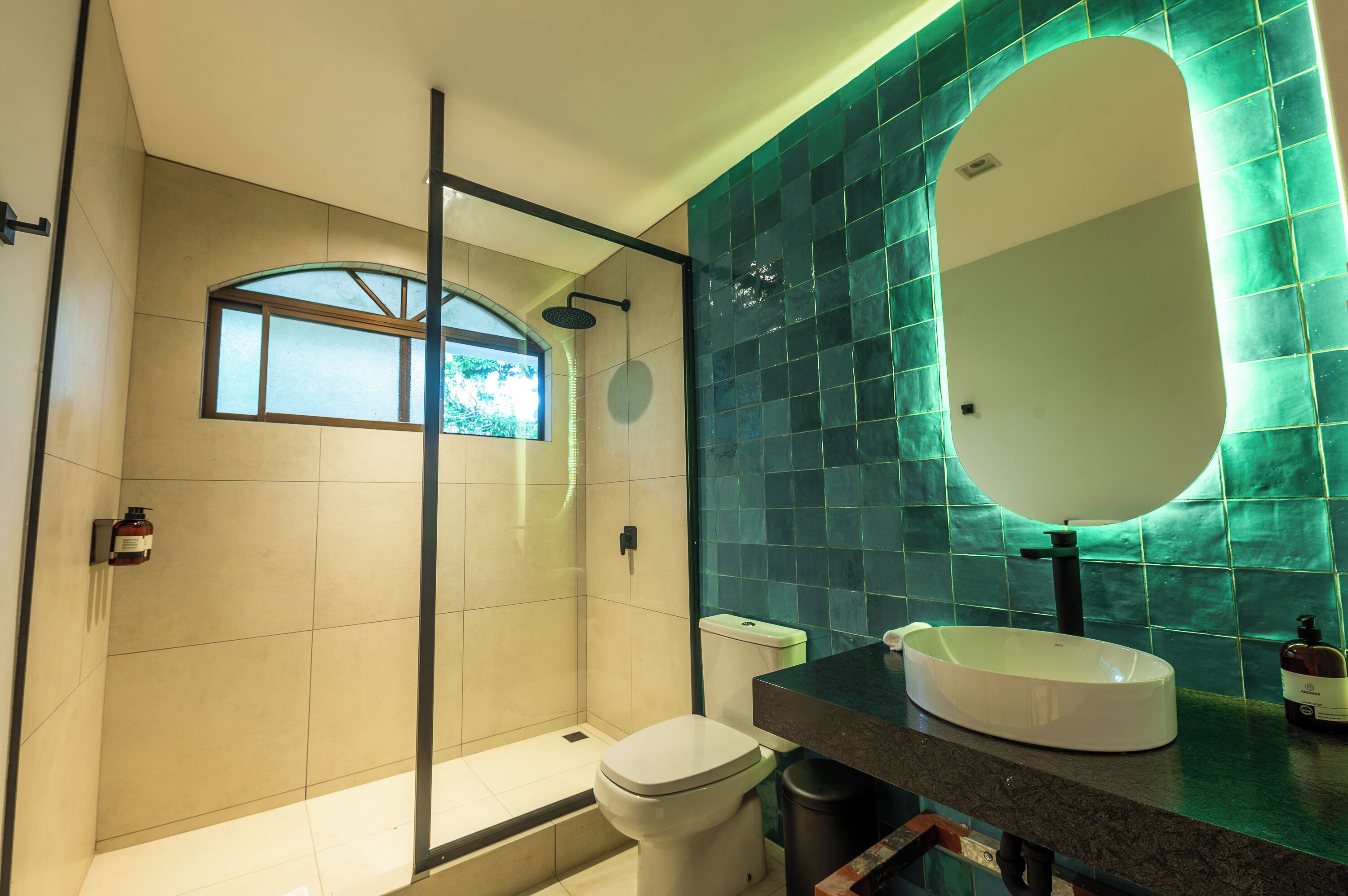 A modern bathroom with a glass-enclosed shower, a toilet, and a sink with a large mirror.