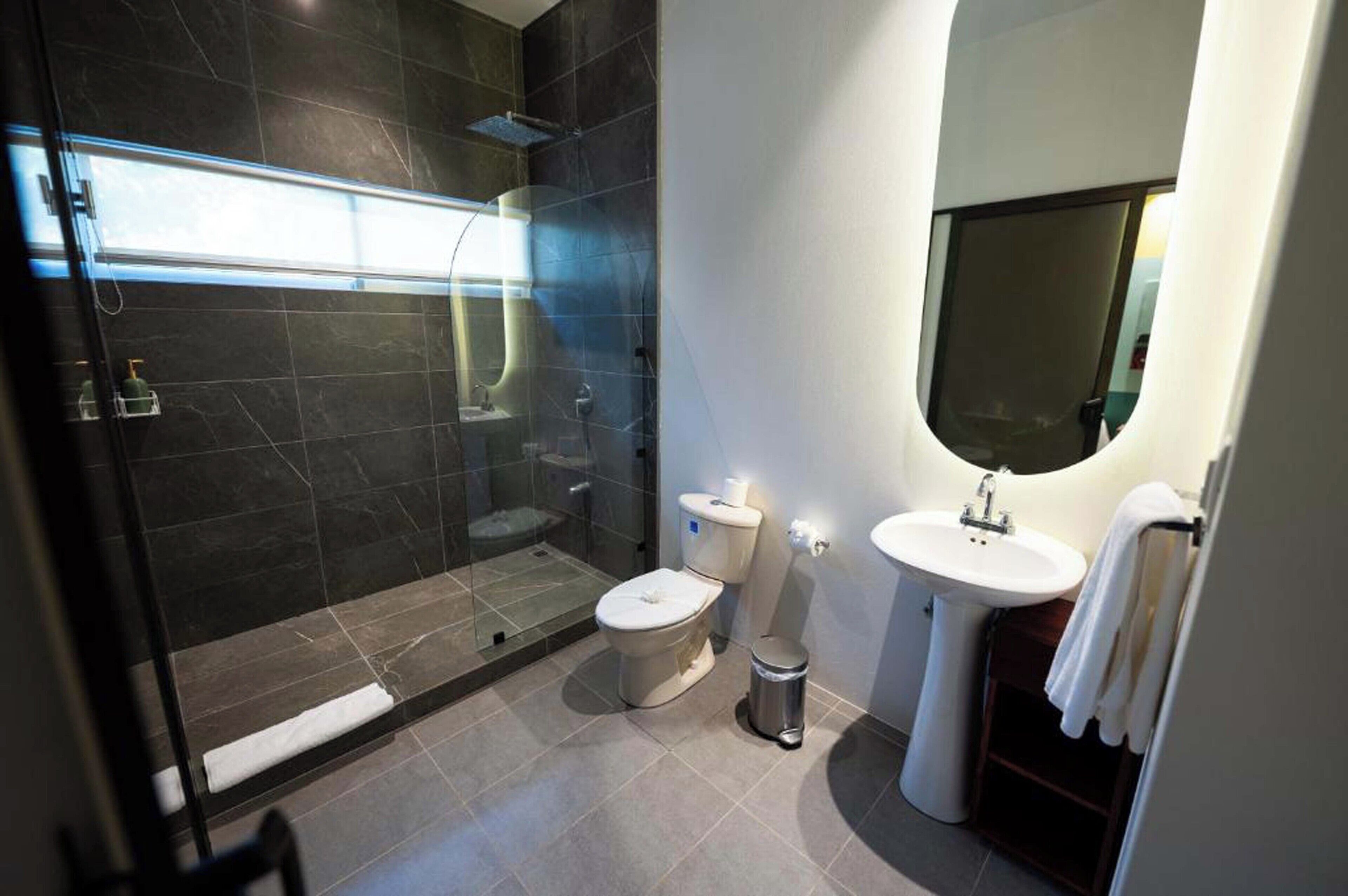 A modern bathroom with a glass-enclosed shower, a toilet, a sink, and a mirror.