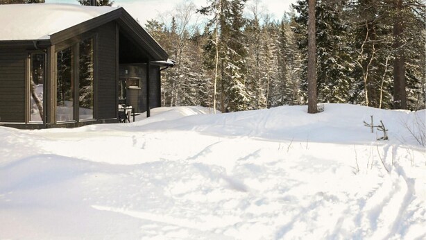 A cabin with a large window and a door, surrounded by snow-covered ground and trees. - Beautiful home in Steinsholt with sauna (Steinsholt)