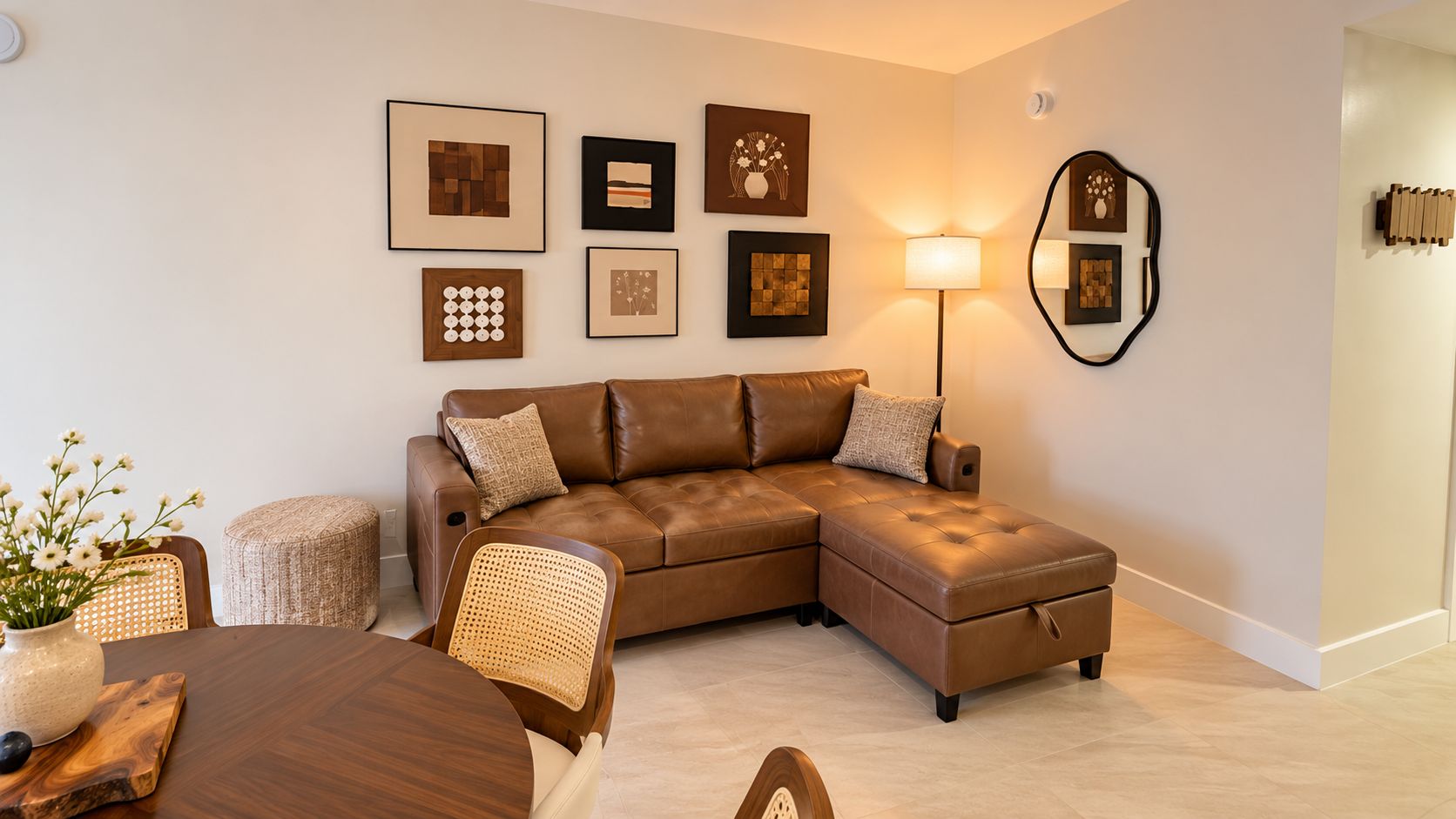 Ein modernes Wohnzimmer mit einem braunen Ledersofa, einem runden Holzesstisch und einem gewobenen Sessel.