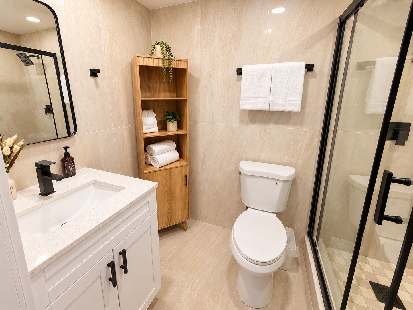 A modern bathroom with a white sink, wooden vanity, toilet, and a glass shower enclosure.