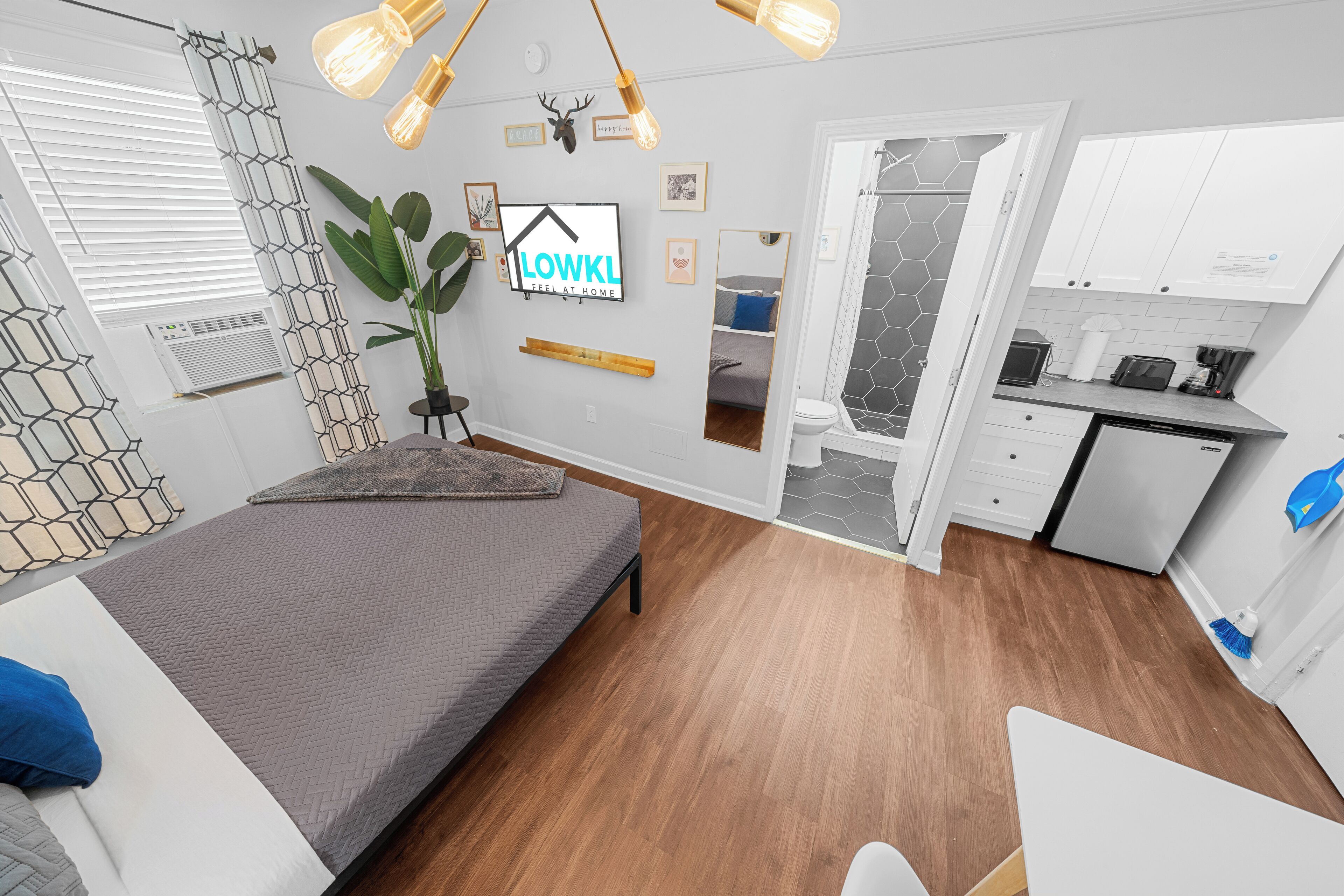 Une chambre moderne comprenant un lit, un téléviseur, une plante et un coin cuisine avec des placards et un évier.