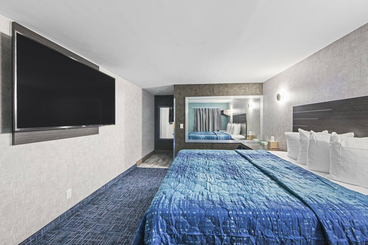 A modern hotel room with a large flat-screen TV, a bed with a blue patterned bedspread, a bedside table with a lamp, and a large mirror.
