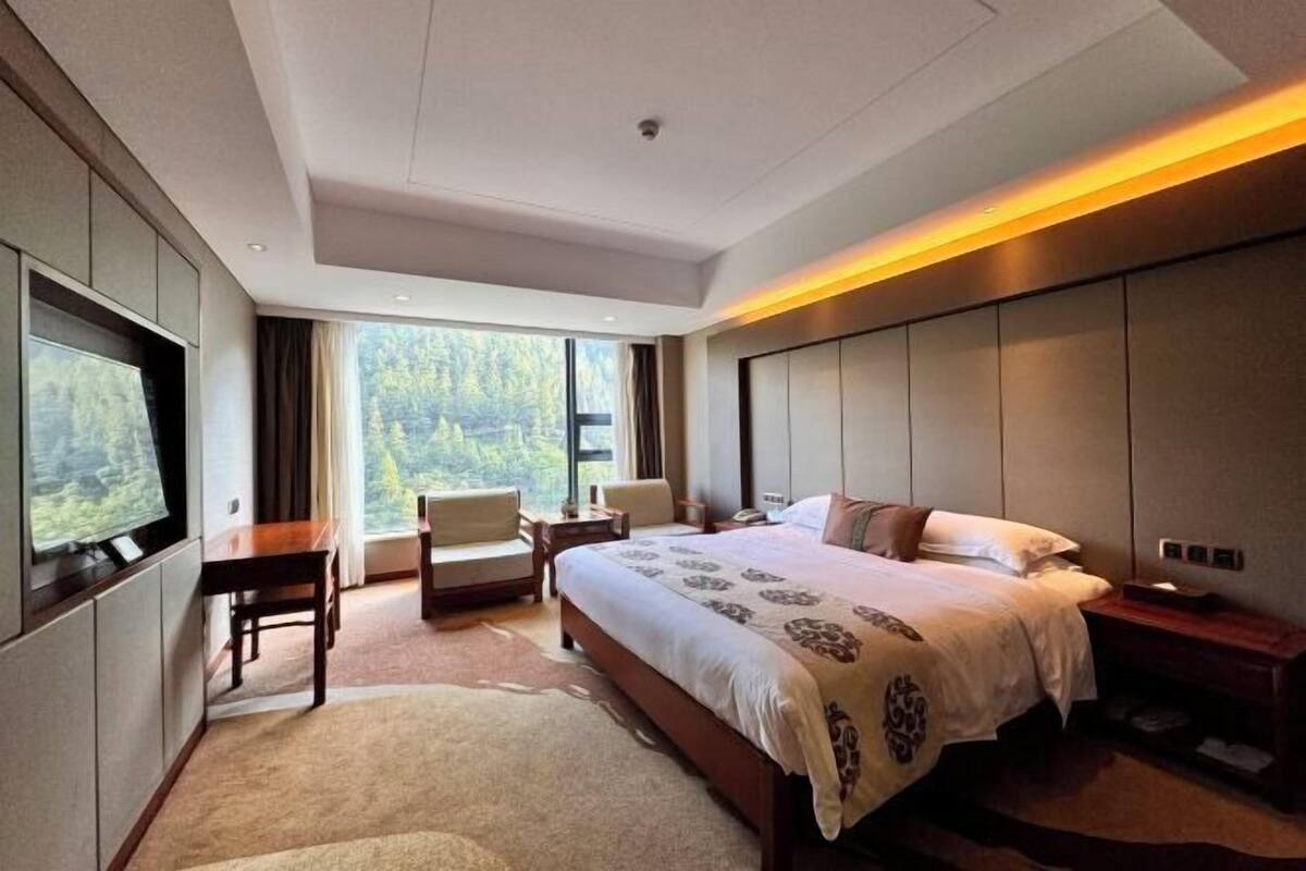 A modern hotel room with a large bed, a TV mounted on the wall, a desk, and a window with a view of trees.