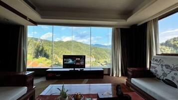 A room with a large window, a television, a sofa, a coffee table with a plant, and a remote control.