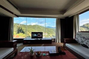 A room with a large window, a television, a sofa, a coffee table with a plant, and a remote control. - Ling Long Wang International Hotel (Guidong)