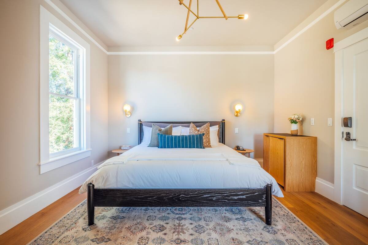 A bedroom with a bed, bedside tables, a nightstand, a wooden cabinet, a patterned rug, and a ceiling light fixture.