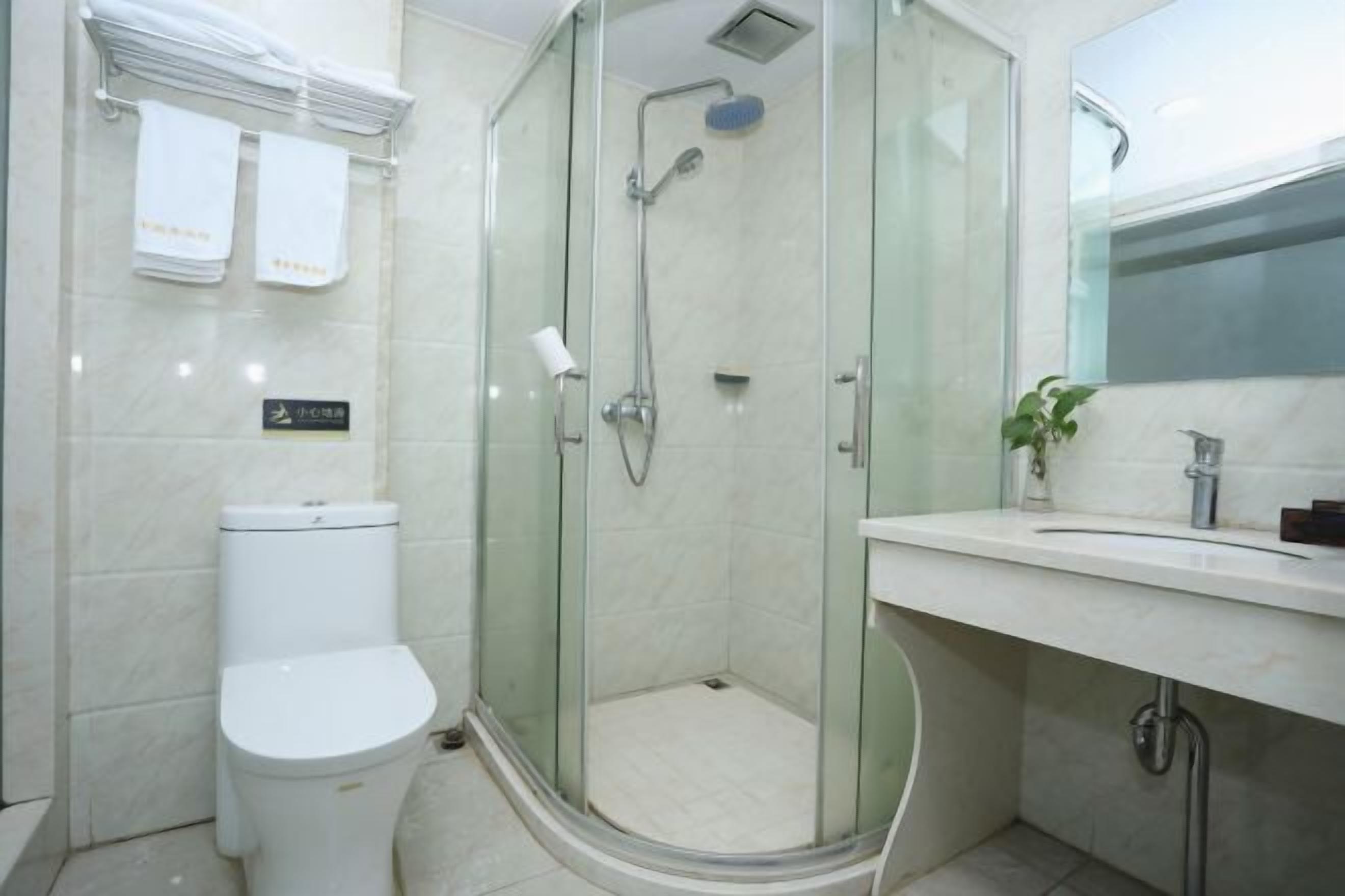 A modern bathroom with a glass-enclosed shower, a toilet, and a sink with a mirror.