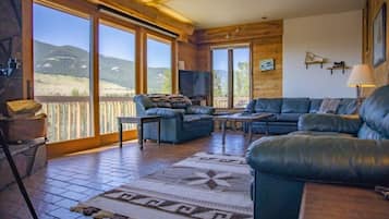 Smart TV, fireplace, books, offices