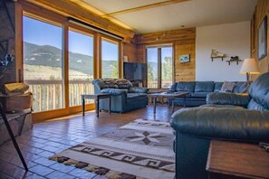 Smart TV, chimenea, libros y oficina
