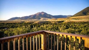 Une terrasse en bois donnant sur un paysage montagneux et une forêt dense.