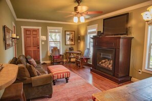 Smart TV, fireplace, DVD player, books