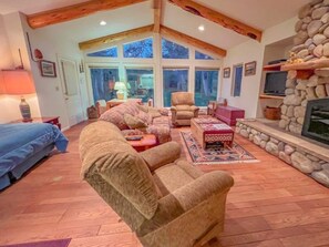 TV, fireplace, DVD player, books