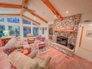 TV, fireplace, DVD player, books