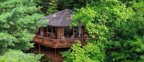 A wooden gazebo with a roof, surrounded by dense green foliage.