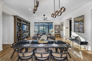 TV, fireplace, books
