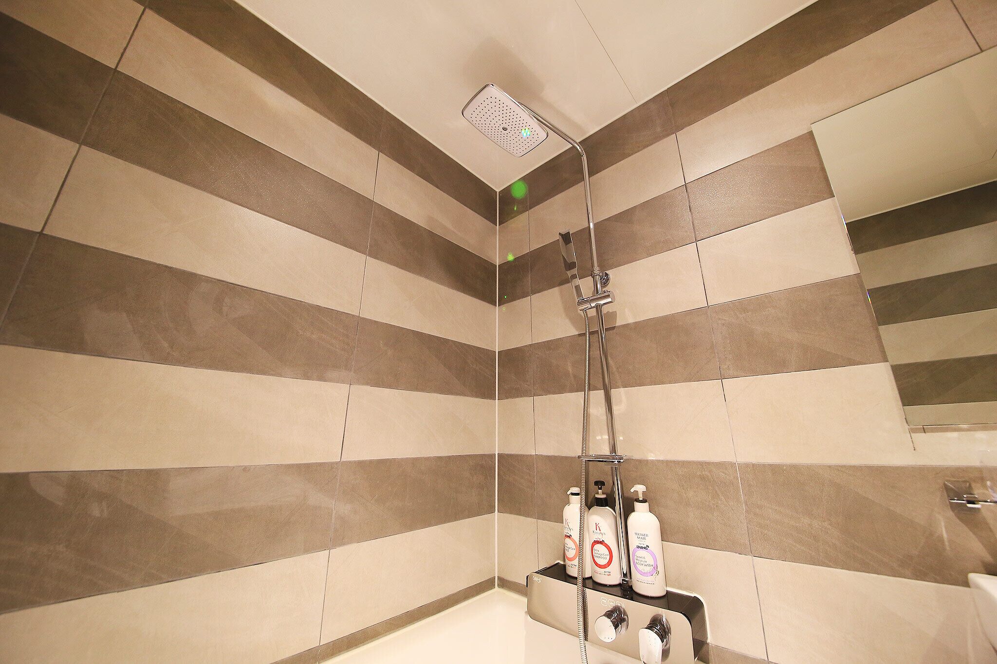 A shower area with a rain showerhead, a handheld showerhead, and two bottles of shampoo and conditioner on a shelf.