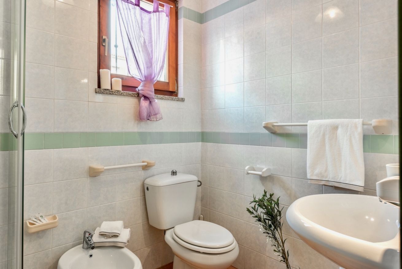 A bathroom with a toilet, sink, and window with a curtain.