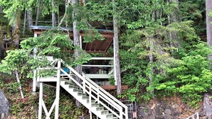 A multi-level wooden structure with stairs, surrounded by dense forest.