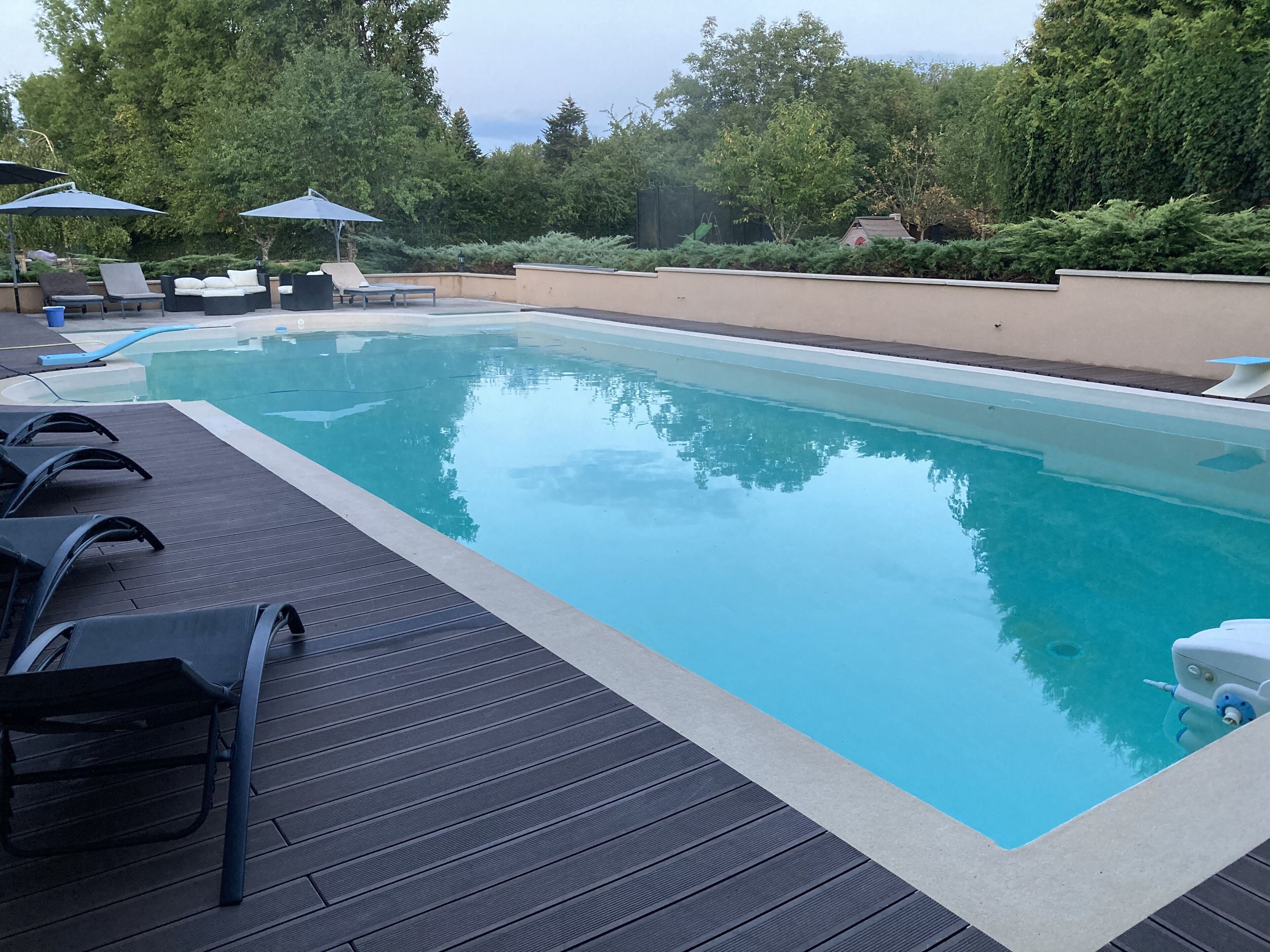 Ein Schwimmbecken mit Liegestühlen und Sonnenschirmen, umgeben von viel Grün.
