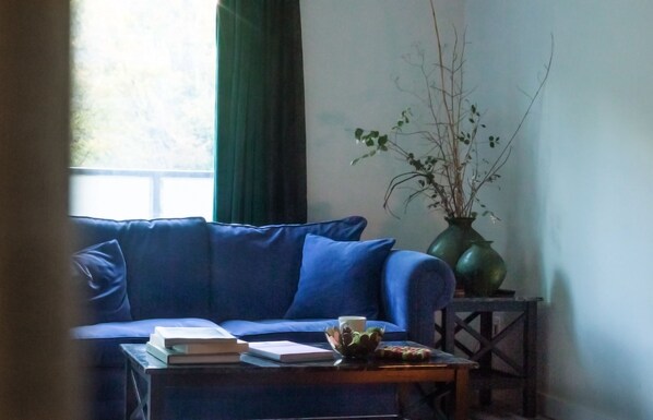 Un canapé bleu, sur une table en bois, on aperçoit un livre et une tasse. Il y a aussi un vase avec des branches et une fenêtre avec un rideau.