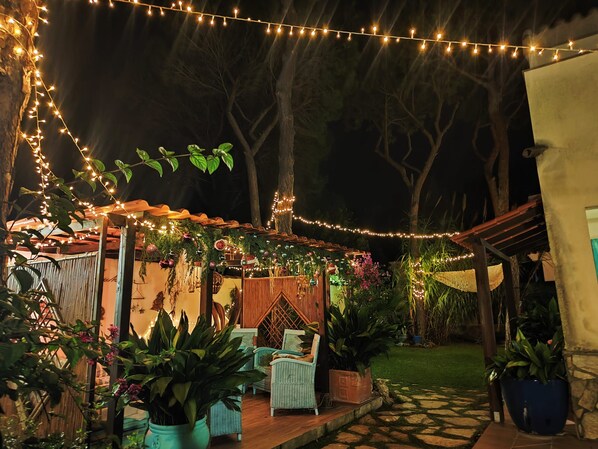 Un área de patio al aire libre con luces colgantes, plantas en macetas y mobiliario de mimbre.