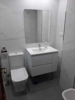 A bathroom with a toilet, sink, and mirror.