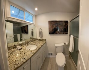 Combined shower/bathtub, hair dryer, towels, soap