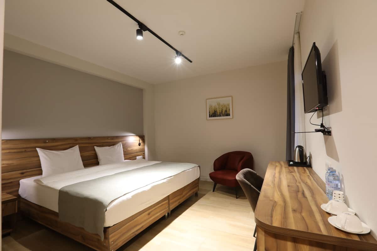 A bedroom with a wooden bed, a desk with a chair, a flat-screen TV, and a framed picture on the wall.