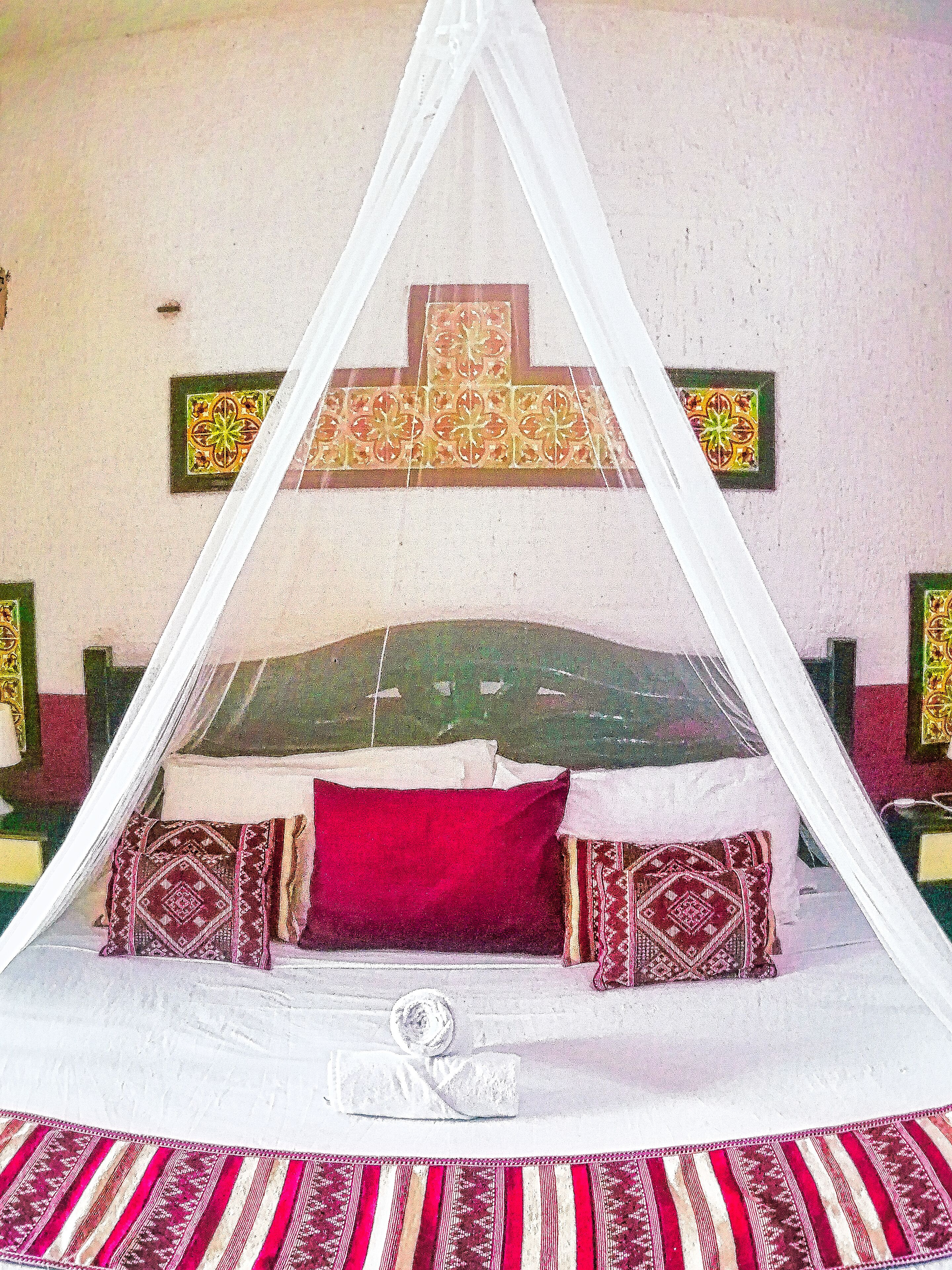 A bed with a canopy, patterned pillows, and a decorative wall piece.