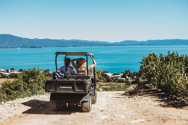 Un vehículo con la marca "CUSHMAN" estacionado en un sendero de tierra con vista a un lago y montañas distantes.