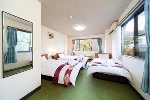 A hotel room with two beds, a large mirror, a window with curtains, and a view of the outdoors. - From P (Hakuba)