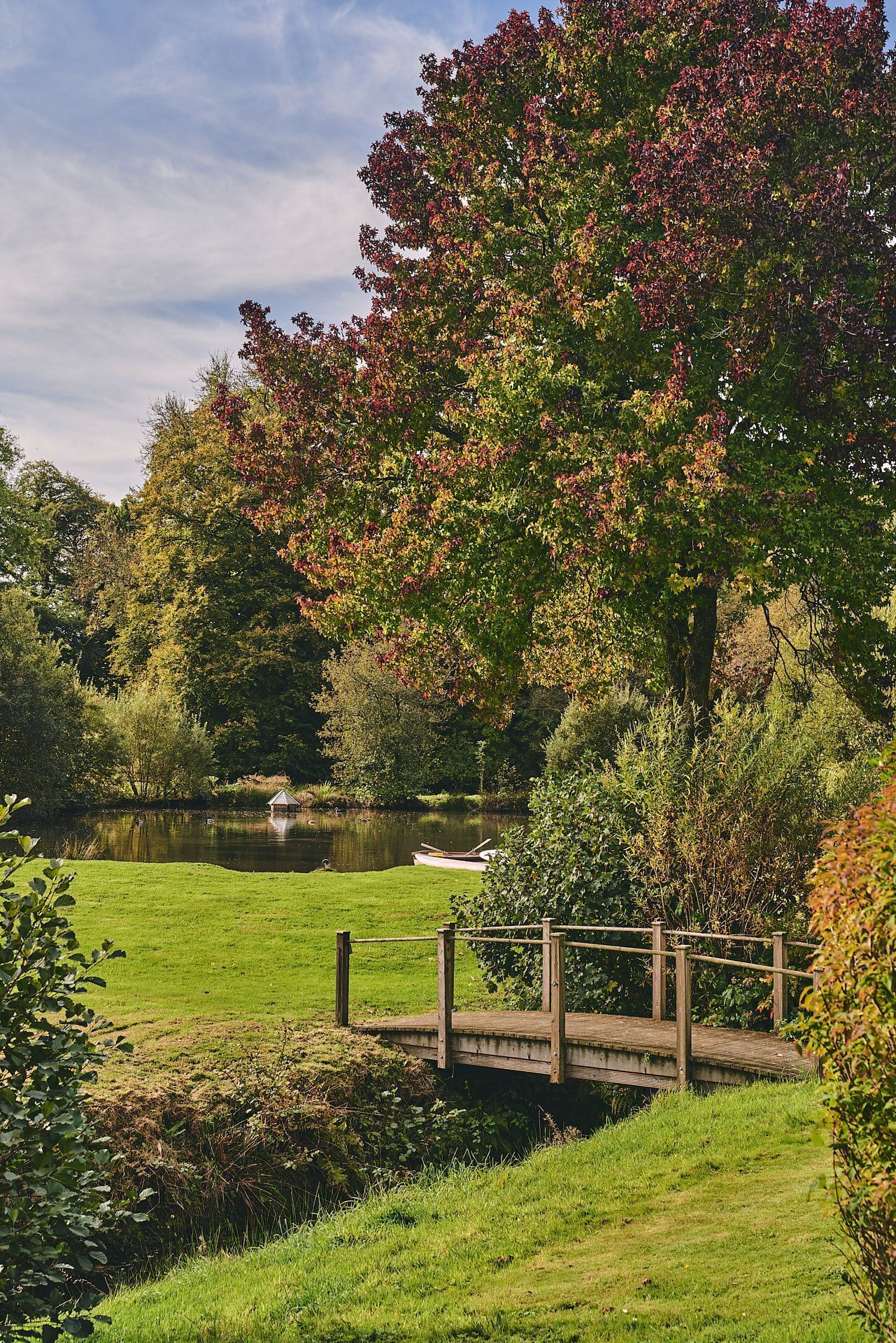 A wooden bridge over a calm lake, surrounded by lush greenery and trees with autumn foliage.