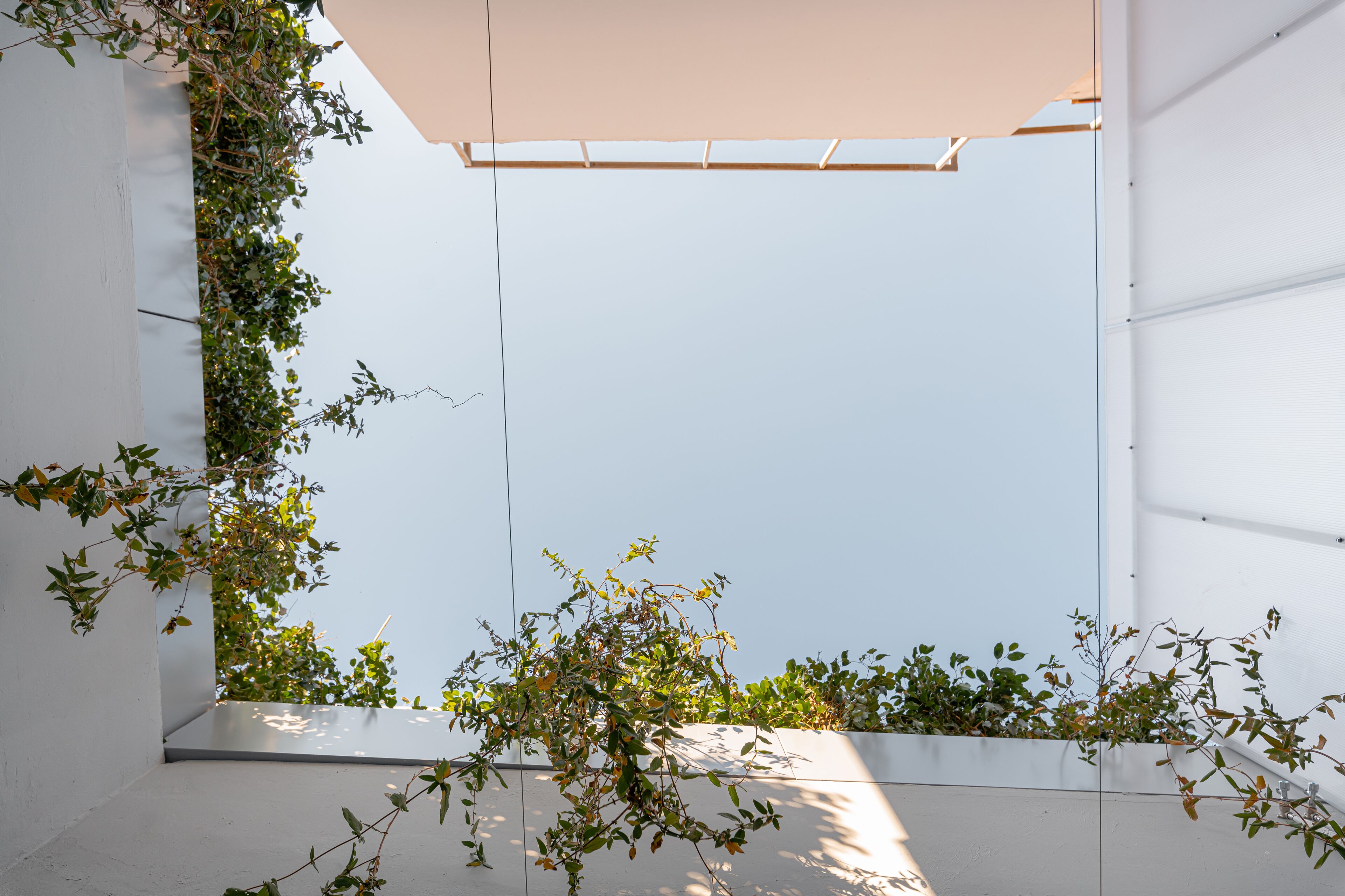 A modern architectural space with a minimalist design, featuring a white wall and a flat roof structure.