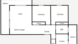 A floor plan with a balcony, two bedrooms, a bathroom, a kitchen, a dining area, and a living room. - 3* Apartment, 2 bedrooms, 6 guests, near slopes, WIFI (La Clusaz)