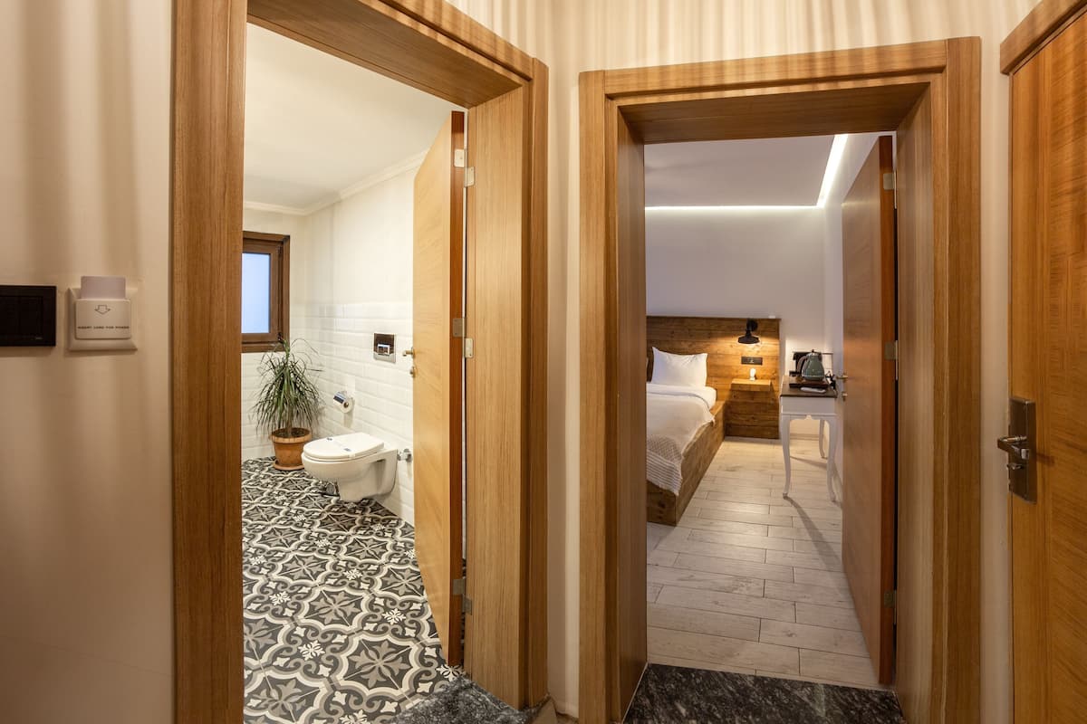 A hotel room with a wooden door, a bathroom with a toilet, a sink, and a shower.