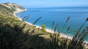 A coastal landscape with a beach, grassy hills, and clear blue sea.