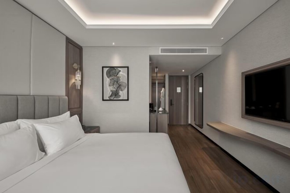 Habitación de hotel moderna con una cama grande, televisión de pantalla plana y un pasillo que conduce a un baño.