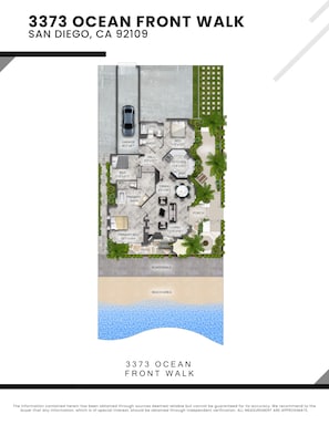 A 2D floor plan of 3373 Ocean Front Walk, San Diego, CA 92109, highlighting the layout of bedrooms, bathrooms, a kitchen, dining area, and a patio with a view of the beach.