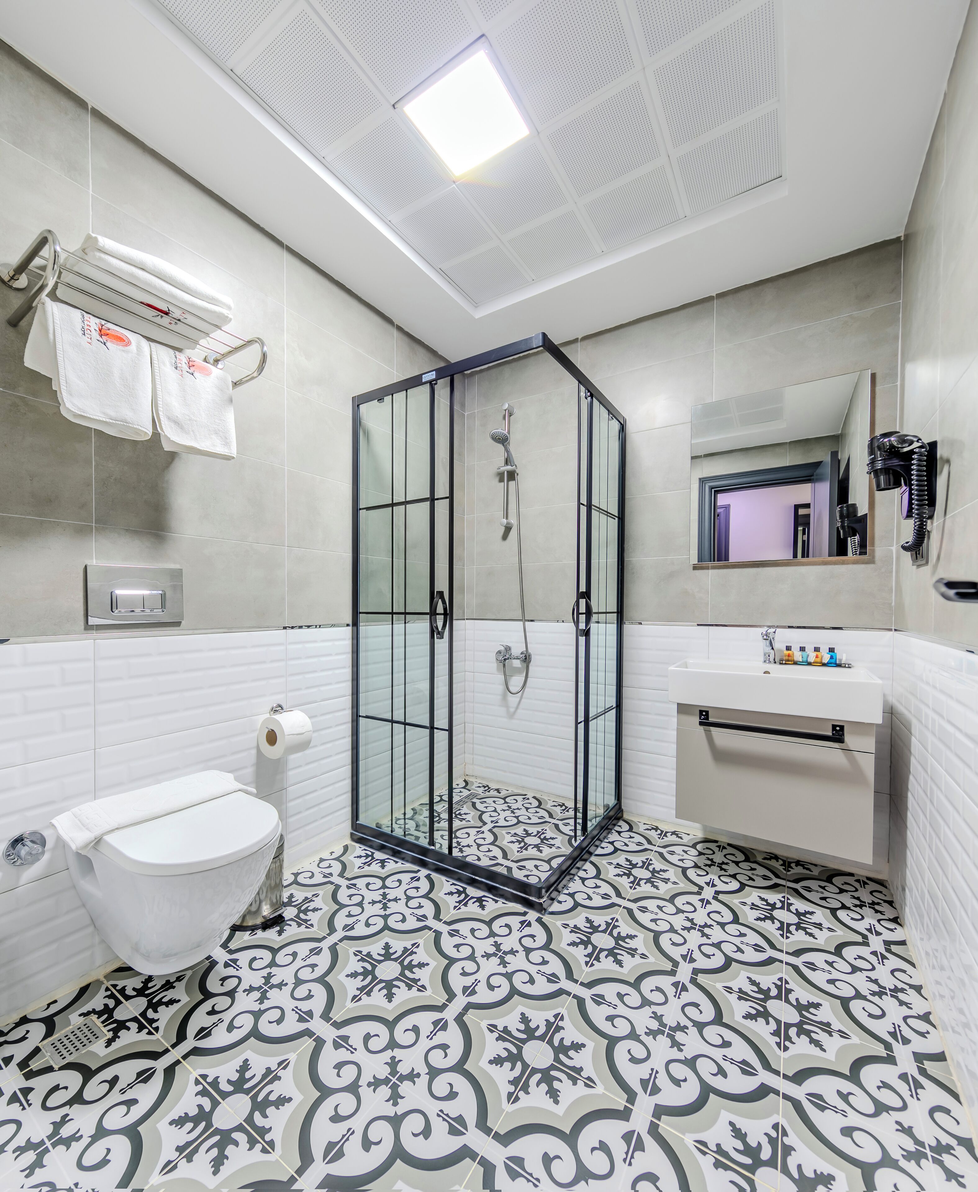 A bathroom with a glass-enclosed shower, a toilet, a sink, and a mirror.