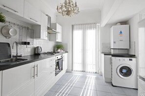 Fridge, microwave, oven, high chair