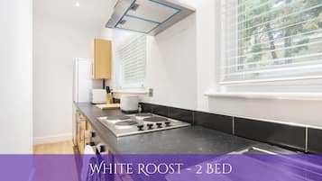 Fridge, microwave, oven, cookware/dishes/utensils