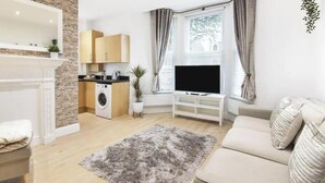 Una sala de estar moderna con chimenea, un sofá, un televisor y una zona de cocina.