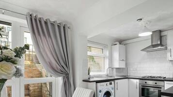 Fridge, microwave, oven, high chair
