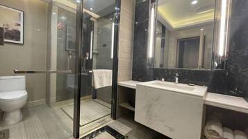 A modern bathroom with a glass-enclosed shower, a white toilet, a marble sink, and a large mirror.