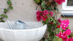 A white outdoor basin with a metal bucket and a metal container, surrounded by green plants and pink flowers. - La Terrazza di Vico Olivi B&B  (Ventimiglia)