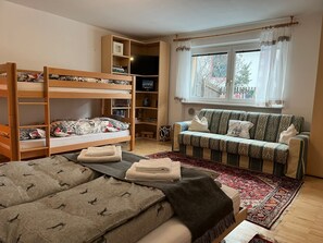 A room with bunk beds, a sofa, a TV, a bookshelf, and a window with curtains.