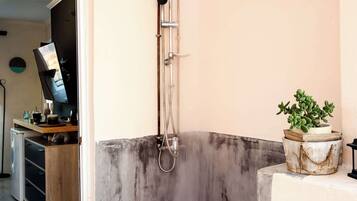 Shower, hair dryer, towels